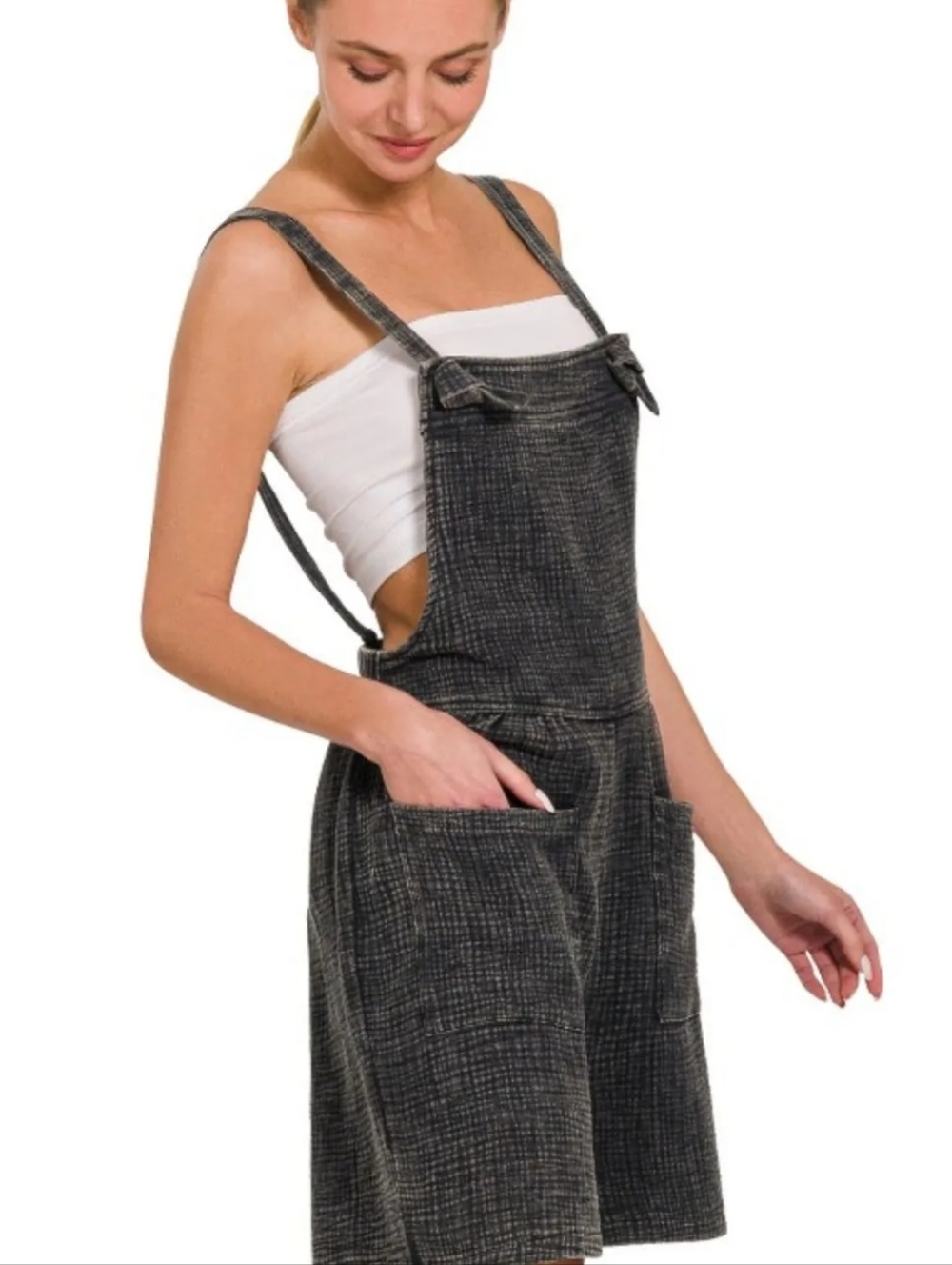 New Zenana Woven Double Gauze Acid Washed Romper Ash